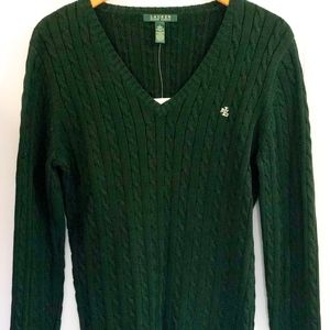 Ralph Lauren Green Cable Knit V-neck Sweater NWT